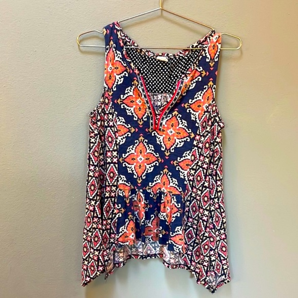 Anthropologie Akemi + Kin -boho sleeveless top -mixed pattern, orange, navy blue